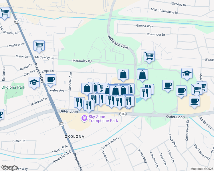 map of restaurants, bars, coffee shops, grocery stores, and more near 740 Beechview Drive in Louisville
