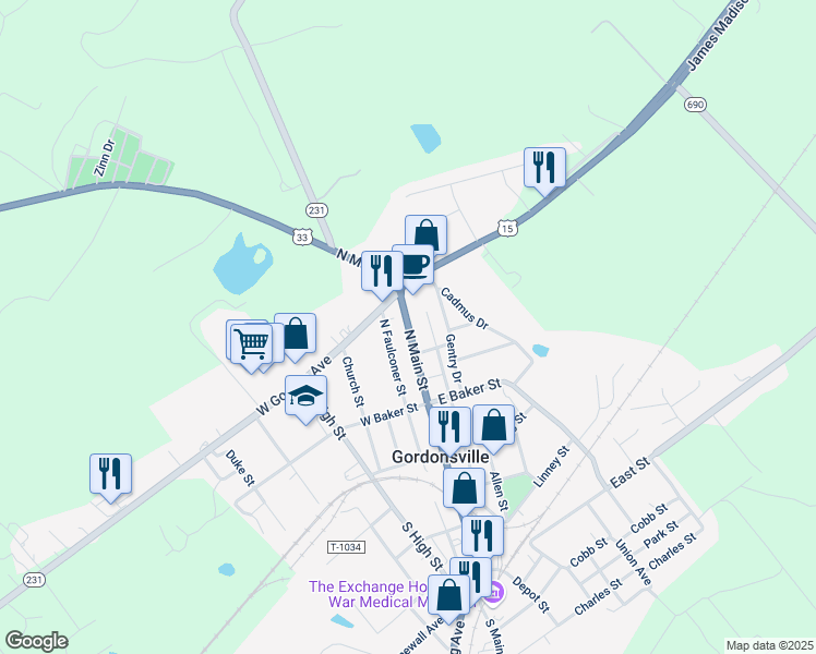 map of restaurants, bars, coffee shops, grocery stores, and more near in Gordonsville
