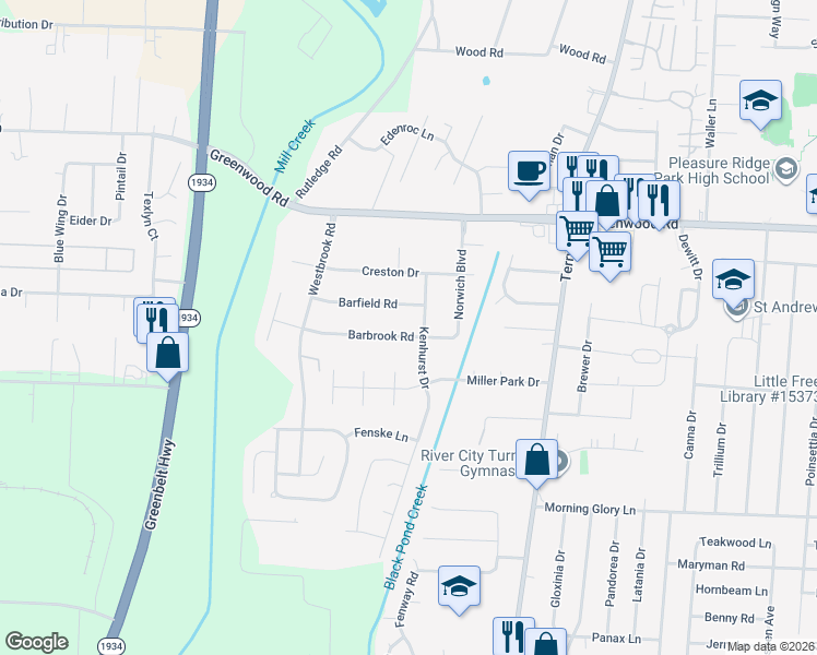 map of restaurants, bars, coffee shops, grocery stores, and more near 6700 Barfield Road in Louisville