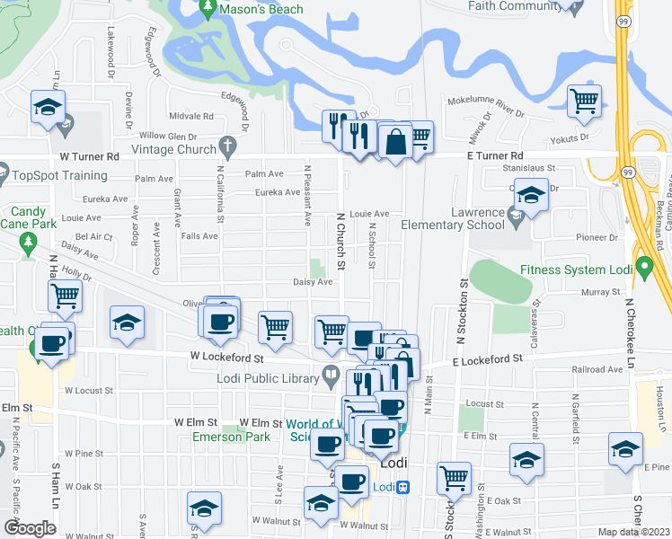 map of restaurants, bars, coffee shops, grocery stores, and more near 205 Daisy Avenue in Lodi