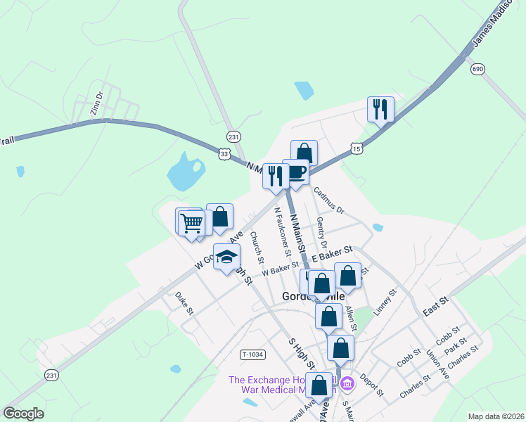 map of restaurants, bars, coffee shops, grocery stores, and more near 206 West Gordon Avenue in Gordonsville