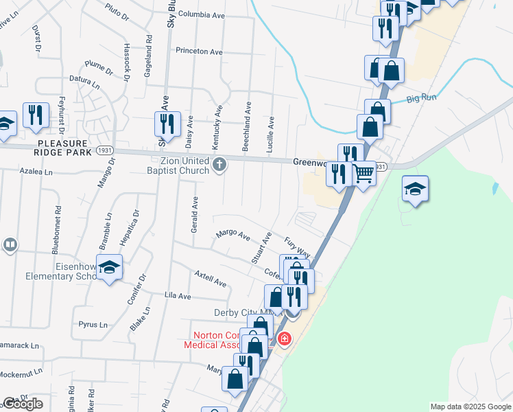 map of restaurants, bars, coffee shops, grocery stores, and more near 7514 Russell Avenue in Louisville