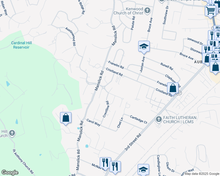 map of restaurants, bars, coffee shops, grocery stores, and more near 7611 Manslick Road in Louisville