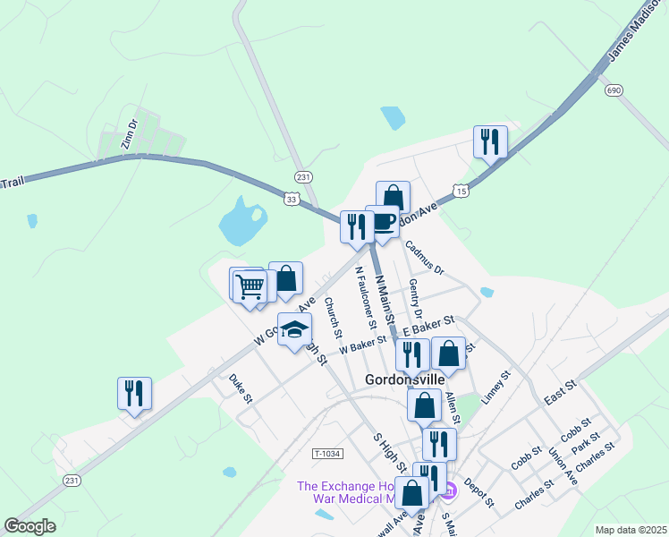 map of restaurants, bars, coffee shops, grocery stores, and more near 208 West Gordon Avenue in Gordonsville