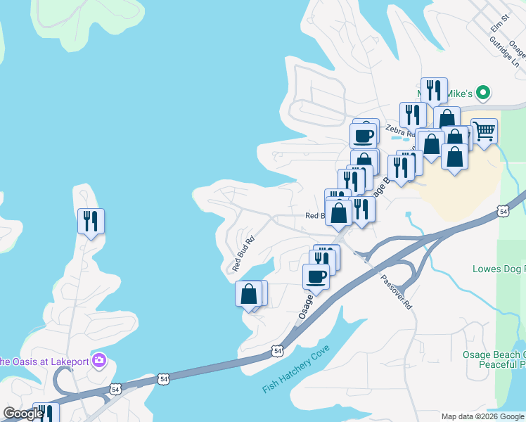 map of restaurants, bars, coffee shops, grocery stores, and more near 1101 Passover Road in Osage Beach
