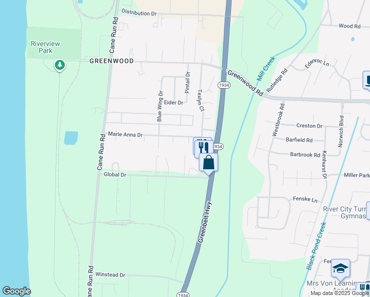 map of restaurants, bars, coffee shops, grocery stores, and more near 7606 Nannette Court in Louisville