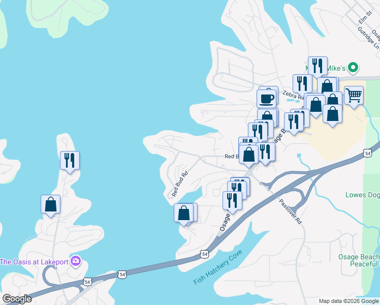 map of restaurants, bars, coffee shops, grocery stores, and more near 1107 Passover Road in Osage Beach