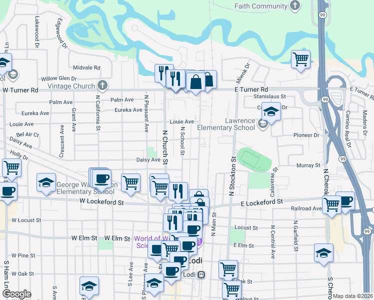 map of restaurants, bars, coffee shops, grocery stores, and more near 627 North School Street in Lodi