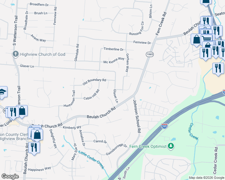 map of restaurants, bars, coffee shops, grocery stores, and more near 7305 Stone Mill Court in Louisville
