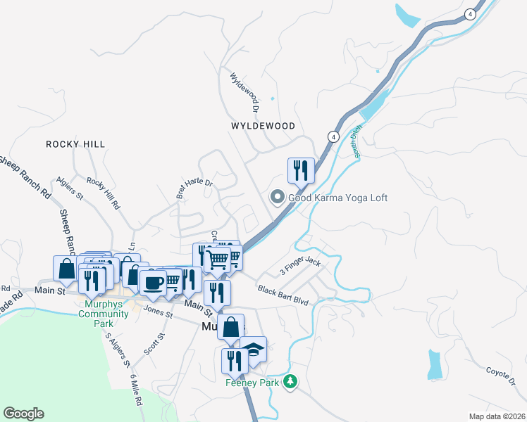 map of restaurants, bars, coffee shops, grocery stores, and more near 189 Field Stone Drive in Murphys