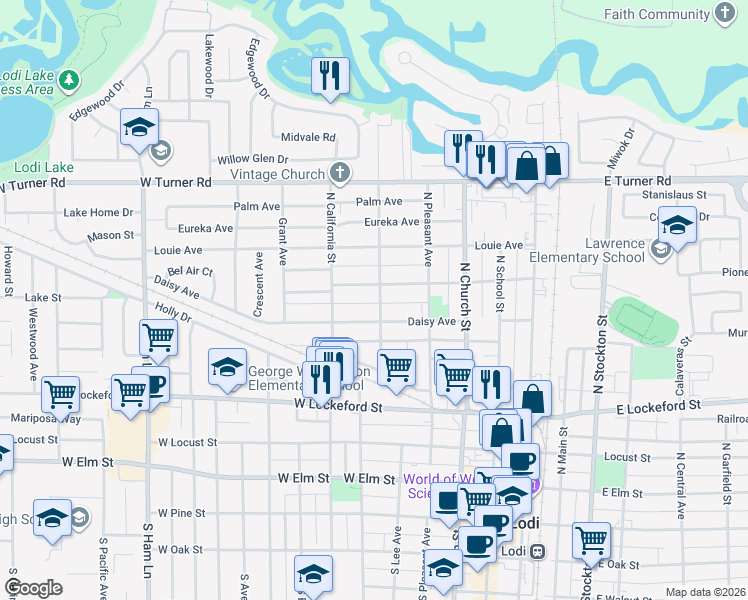 map of restaurants, bars, coffee shops, grocery stores, and more near 334 Forrest Avenue in Lodi