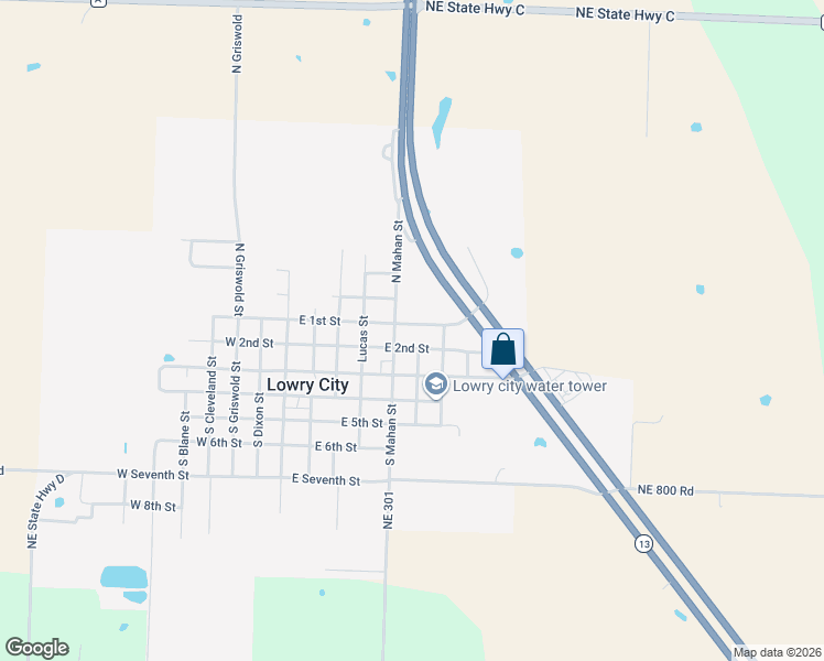 map of restaurants, bars, coffee shops, grocery stores, and more near 500-598 E 1st St in Lowry City