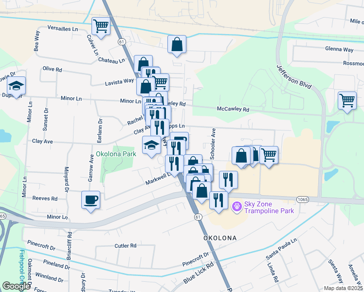 map of restaurants, bars, coffee shops, grocery stores, and more near 1208 Huntington Lane in Louisville