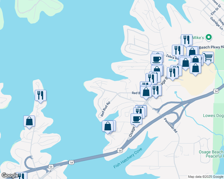 map of restaurants, bars, coffee shops, grocery stores, and more near 1107 Passover Road in Osage Beach