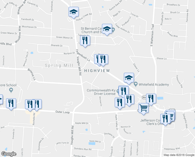 map of restaurants, bars, coffee shops, grocery stores, and more near 7313 Highview Drive in Louisville