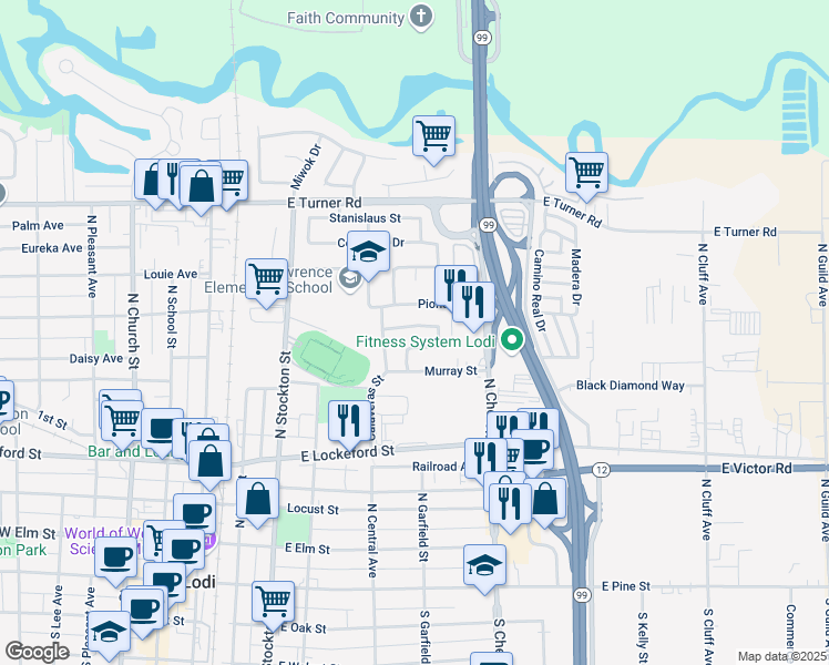 map of restaurants, bars, coffee shops, grocery stores, and more near 409 Sonora Avenue in Lodi
