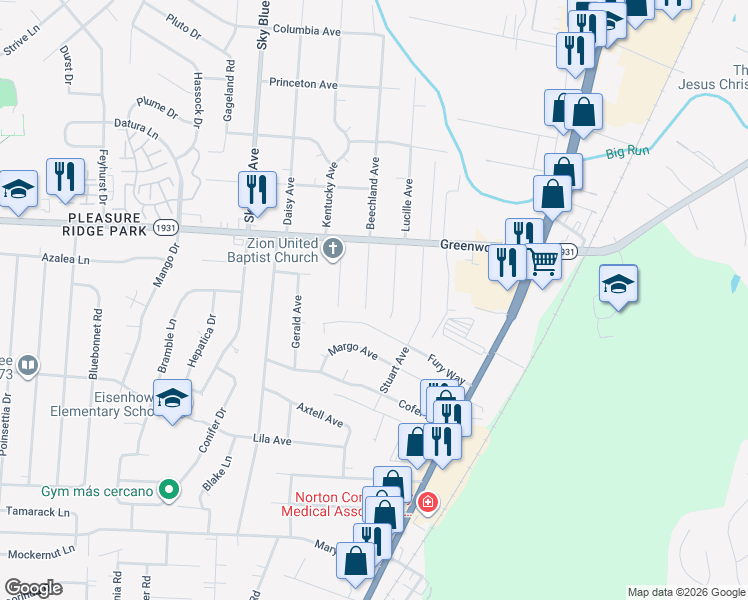 map of restaurants, bars, coffee shops, grocery stores, and more near 7509 Elnora Avenue in Louisville