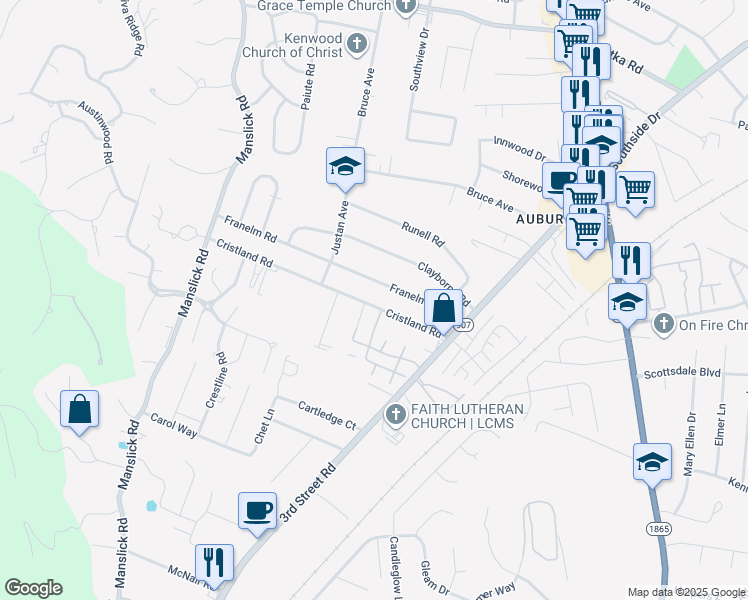 map of restaurants, bars, coffee shops, grocery stores, and more near 1033 Cristland Road in Louisville