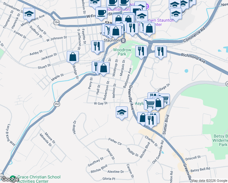 map of restaurants, bars, coffee shops, grocery stores, and more near 810 Nelson Street in Staunton