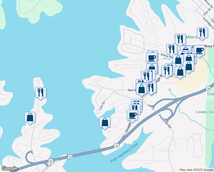 map of restaurants, bars, coffee shops, grocery stores, and more near 1107 Passover Road in Osage Beach