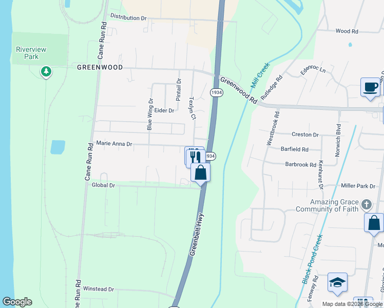 map of restaurants, bars, coffee shops, grocery stores, and more near 7814 Texlyn Court in Louisville