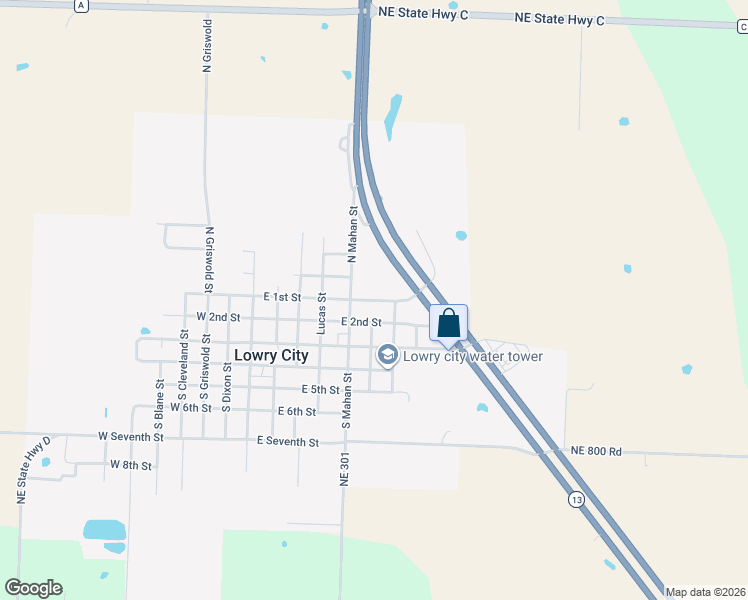 map of restaurants, bars, coffee shops, grocery stores, and more near 598 East 1st Street in Lowry City