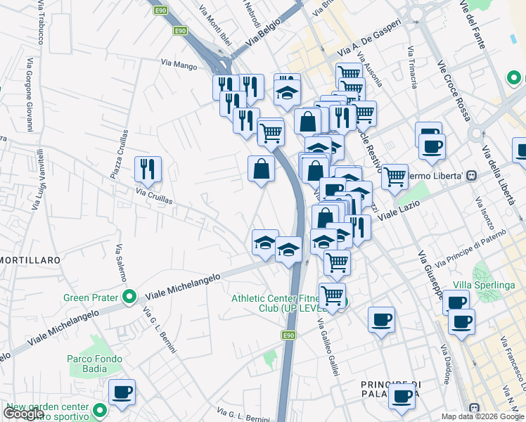 map of restaurants, bars, coffee shops, grocery stores, and more near 29 Via Emanuele Oliveri Mandalà in Palermo