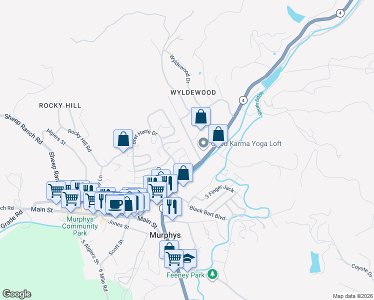 map of restaurants, bars, coffee shops, grocery stores, and more near 189 Field Stone Drive in Murphys