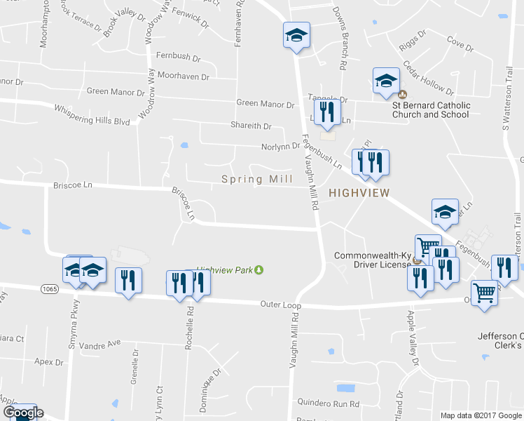 map of restaurants, bars, coffee shops, grocery stores, and more near 7115 Briscoe Lane in Louisville