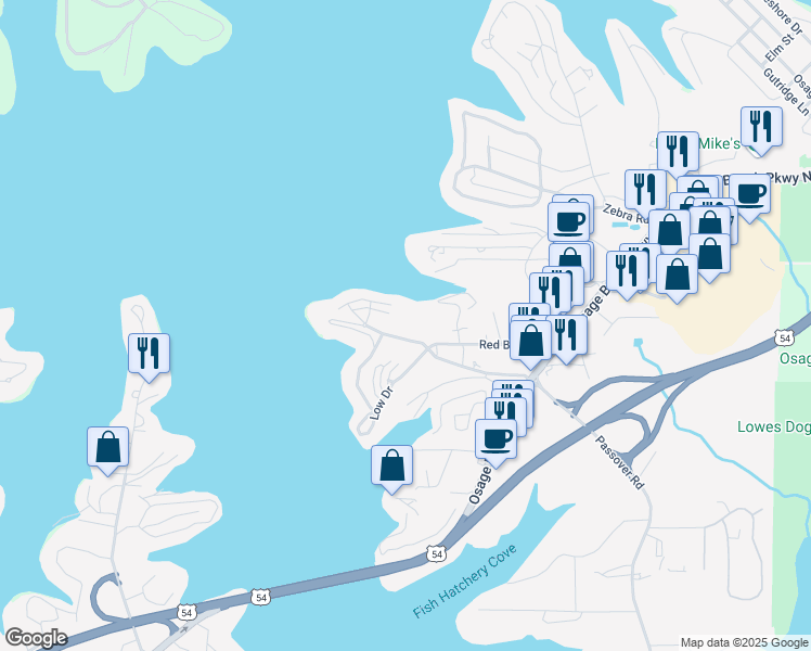 map of restaurants, bars, coffee shops, grocery stores, and more near 1107 Passover Road in Osage Beach