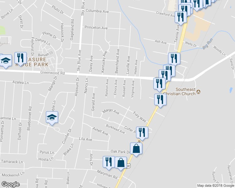 map of restaurants, bars, coffee shops, grocery stores, and more near 7507 Elnora Avenue in Louisville
