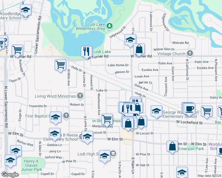 map of restaurants, bars, coffee shops, grocery stores, and more near 1425 Lake Street in Lodi