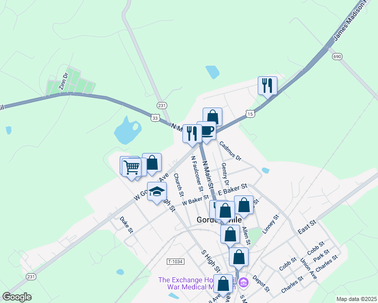 map of restaurants, bars, coffee shops, grocery stores, and more near 208 West Gordon Avenue in Gordonsville