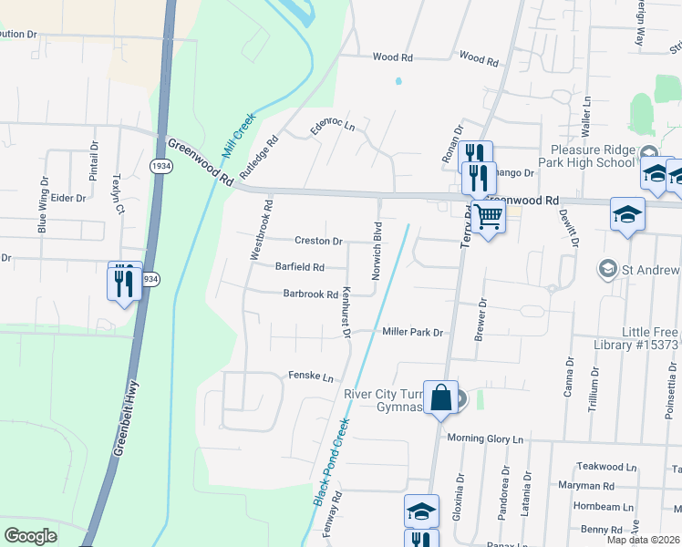 map of restaurants, bars, coffee shops, grocery stores, and more near 6700 Barfield Road in Louisville