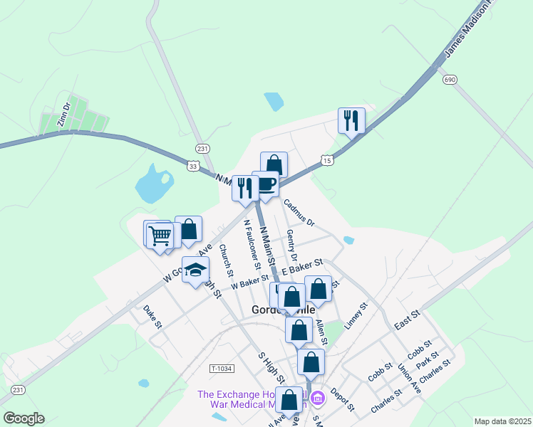 map of restaurants, bars, coffee shops, grocery stores, and more near 510 North Main Street in Gordonsville