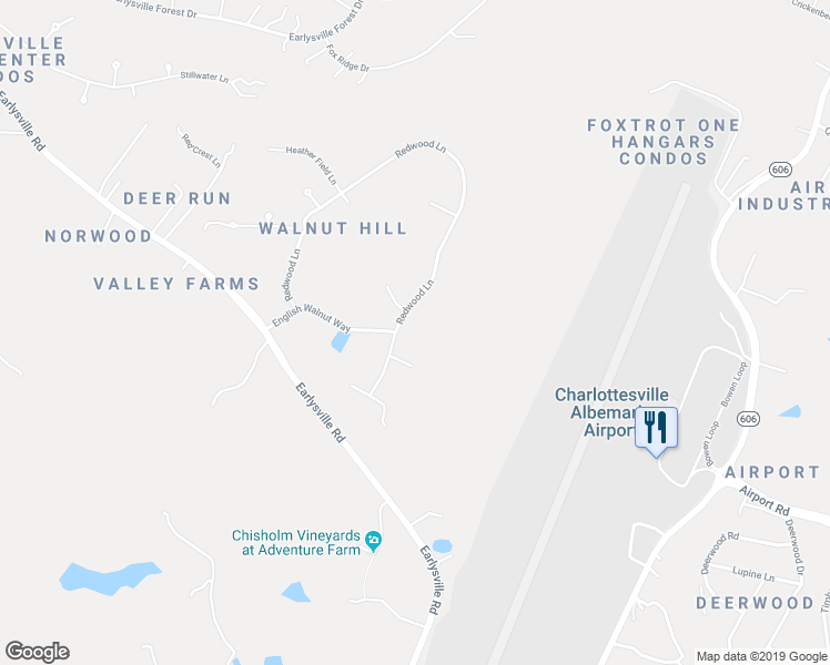 map of restaurants, bars, coffee shops, grocery stores, and more near 4395 Redwood Lane in Earlysville