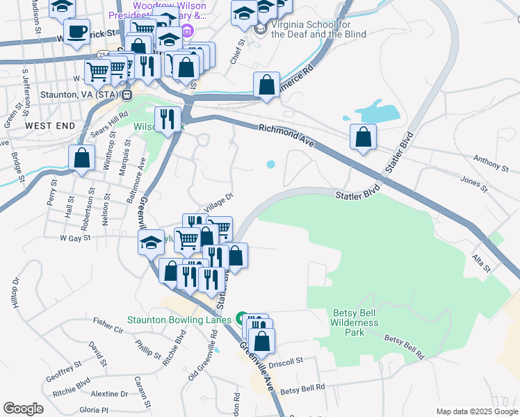 map of restaurants, bars, coffee shops, grocery stores, and more near 850 Statler Boulevard in Staunton