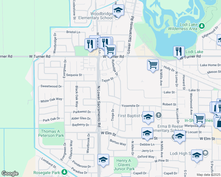 map of restaurants, bars, coffee shops, grocery stores, and more near 632 Tahoe Dr in Lodi