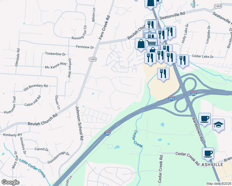 map of restaurants, bars, coffee shops, grocery stores, and more near 7601 Stone Ledge Road in Louisville