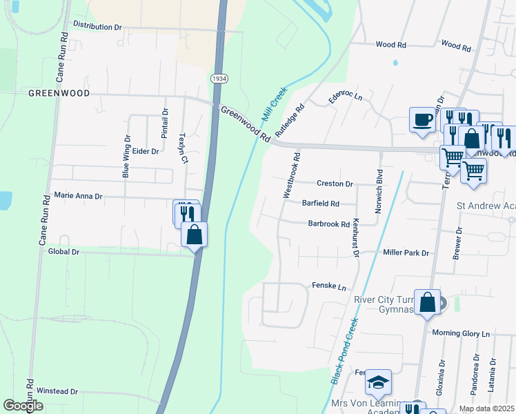 map of restaurants, bars, coffee shops, grocery stores, and more near 7712 Kenbrook Place in Louisville