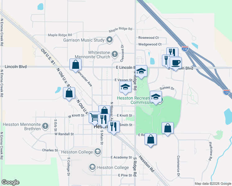 map of restaurants, bars, coffee shops, grocery stores, and more near 406 N Weaver Ave in Hesston