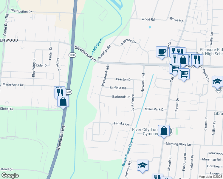 map of restaurants, bars, coffee shops, grocery stores, and more near 6812 Barfield Road in Louisville
