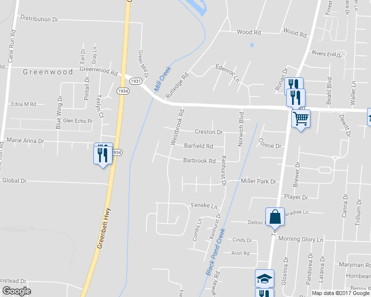 map of restaurants, bars, coffee shops, grocery stores, and more near 6812 Barfield Road in Louisville