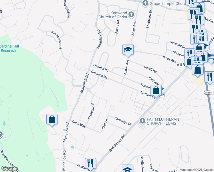 map of restaurants, bars, coffee shops, grocery stores, and more near 1120 Cristland Rd in Louisville