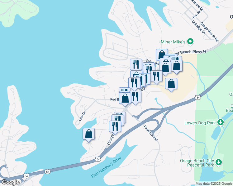 map of restaurants, bars, coffee shops, grocery stores, and more near 1045 Redbud Road in Osage Beach