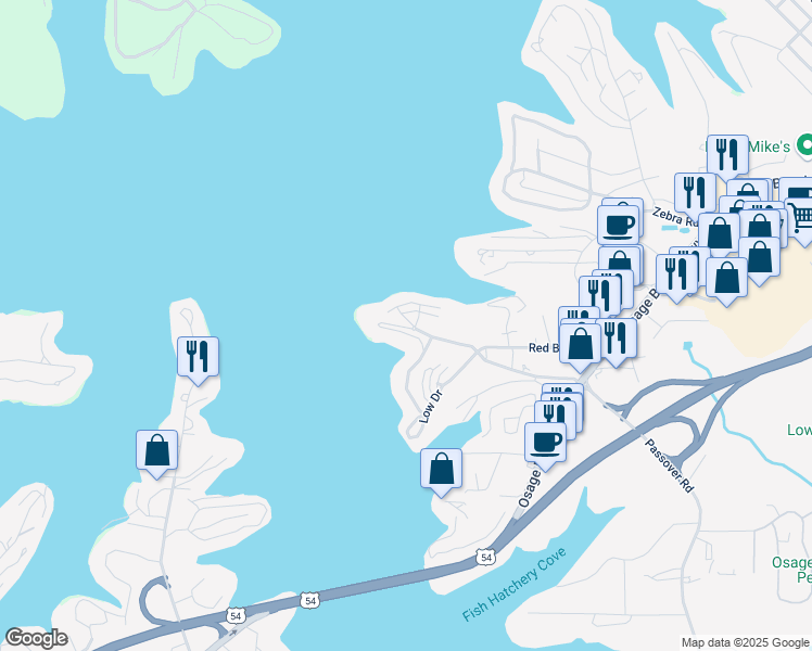 map of restaurants, bars, coffee shops, grocery stores, and more near 1222 Passover Road in Osage Beach