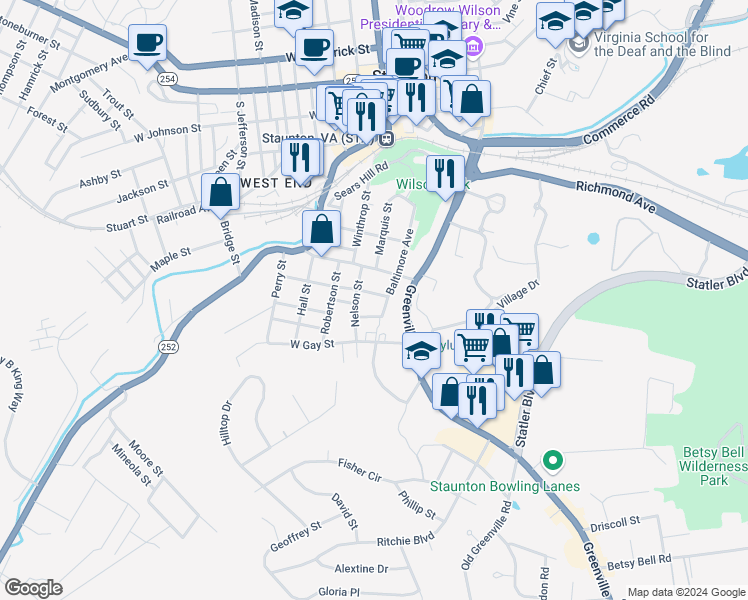 map of restaurants, bars, coffee shops, grocery stores, and more near 18 East Peabody Street in Staunton