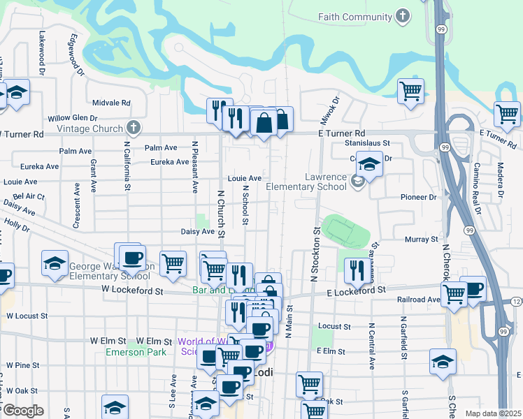 map of restaurants, bars, coffee shops, grocery stores, and more near 627 North Sacramento Street in Lodi