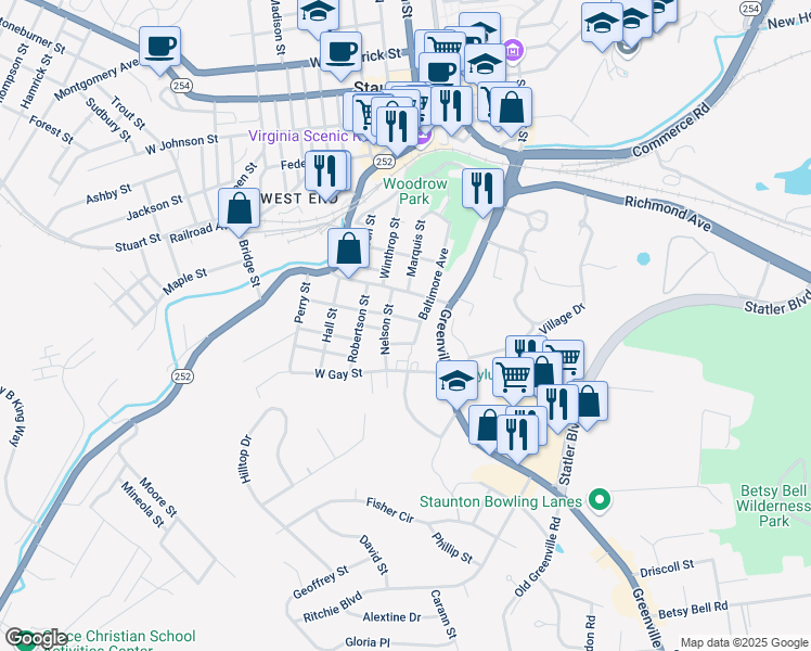 map of restaurants, bars, coffee shops, grocery stores, and more near 18 East Peabody Street in Staunton