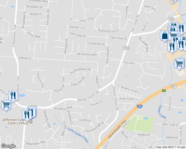 map of restaurants, bars, coffee shops, grocery stores, and more near 7305 Stone Mill Court in Louisville